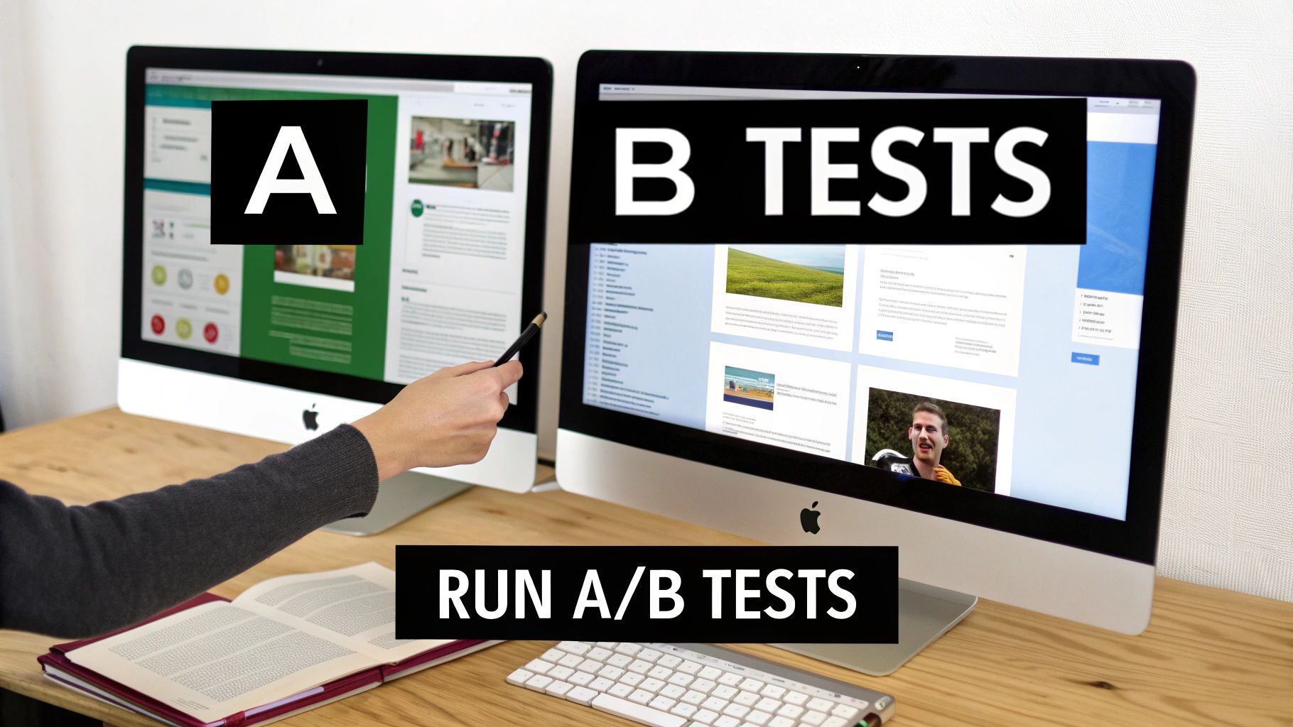 A person’s hand points to computer screens displaying website variations for A/B testing, with ‘RUN A/B TESTS’ text.