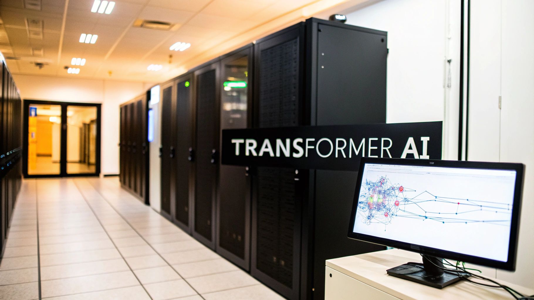 A server room with rows of black server racks, a 'TRANSFORMER AI' sign, and a monitor.