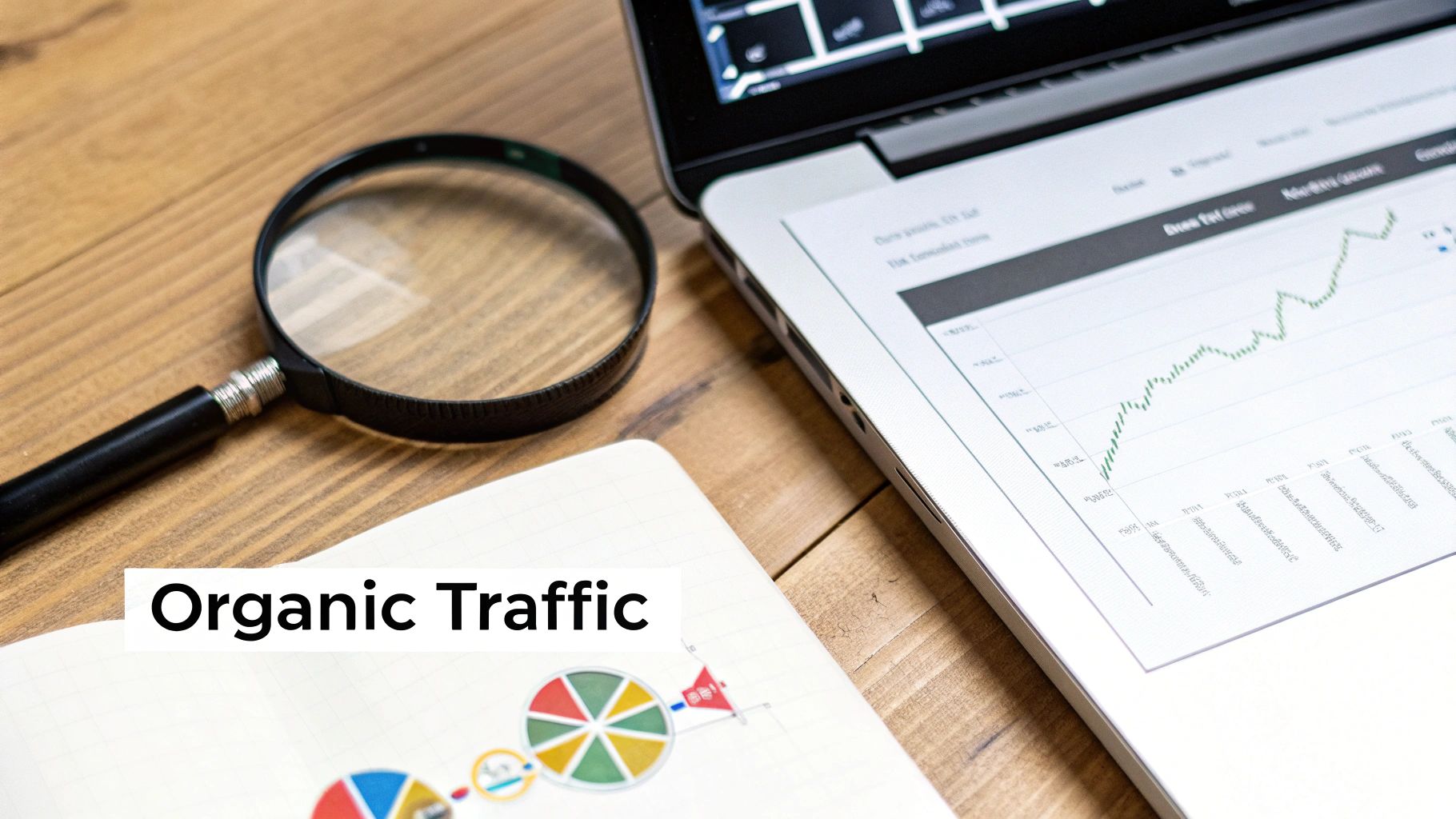 A magnifying glass, a laptop displaying a green growth graph, and a notebook with 'Organic Traffic' text.