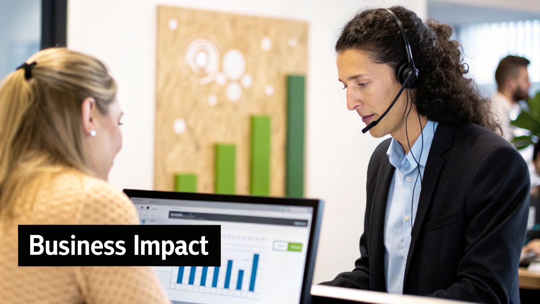 Customer service representative wearing headset discussing business metrics with colleague at computer workstation