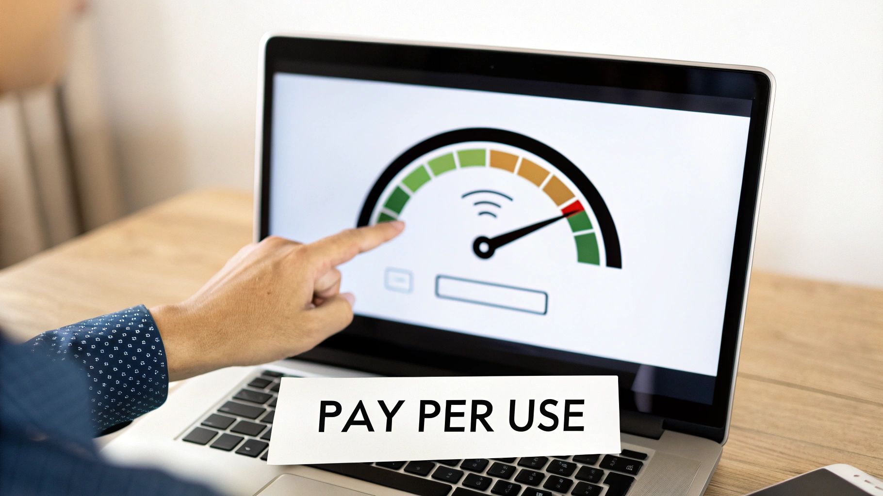 A hand points to a laptop screen displaying a usage meter, with a 'PAY PER USE' card on the keyboard.
