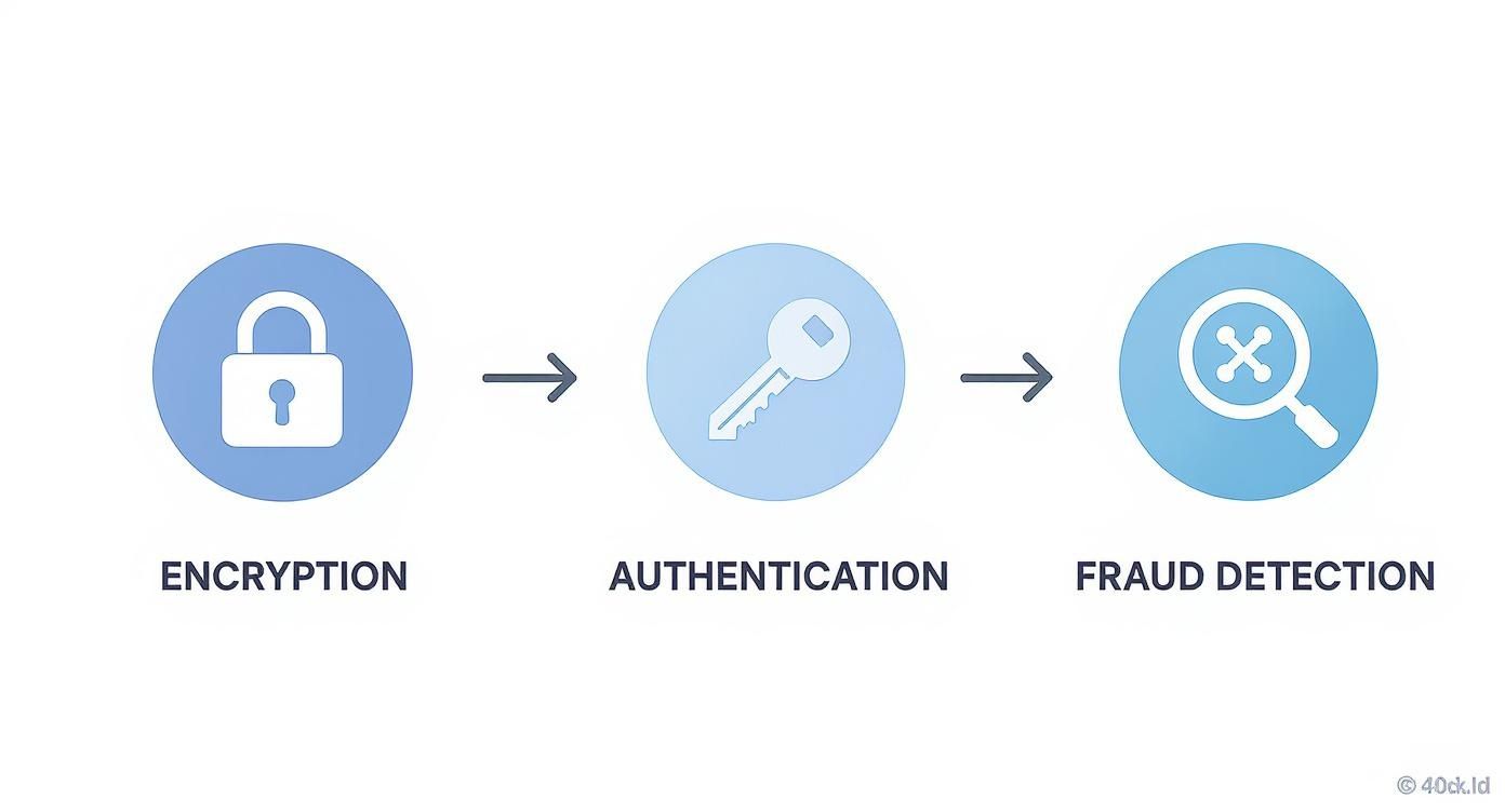 A diagram illustrating the sequence of encryption, authentication, and fraud detection with icons and arrows.
