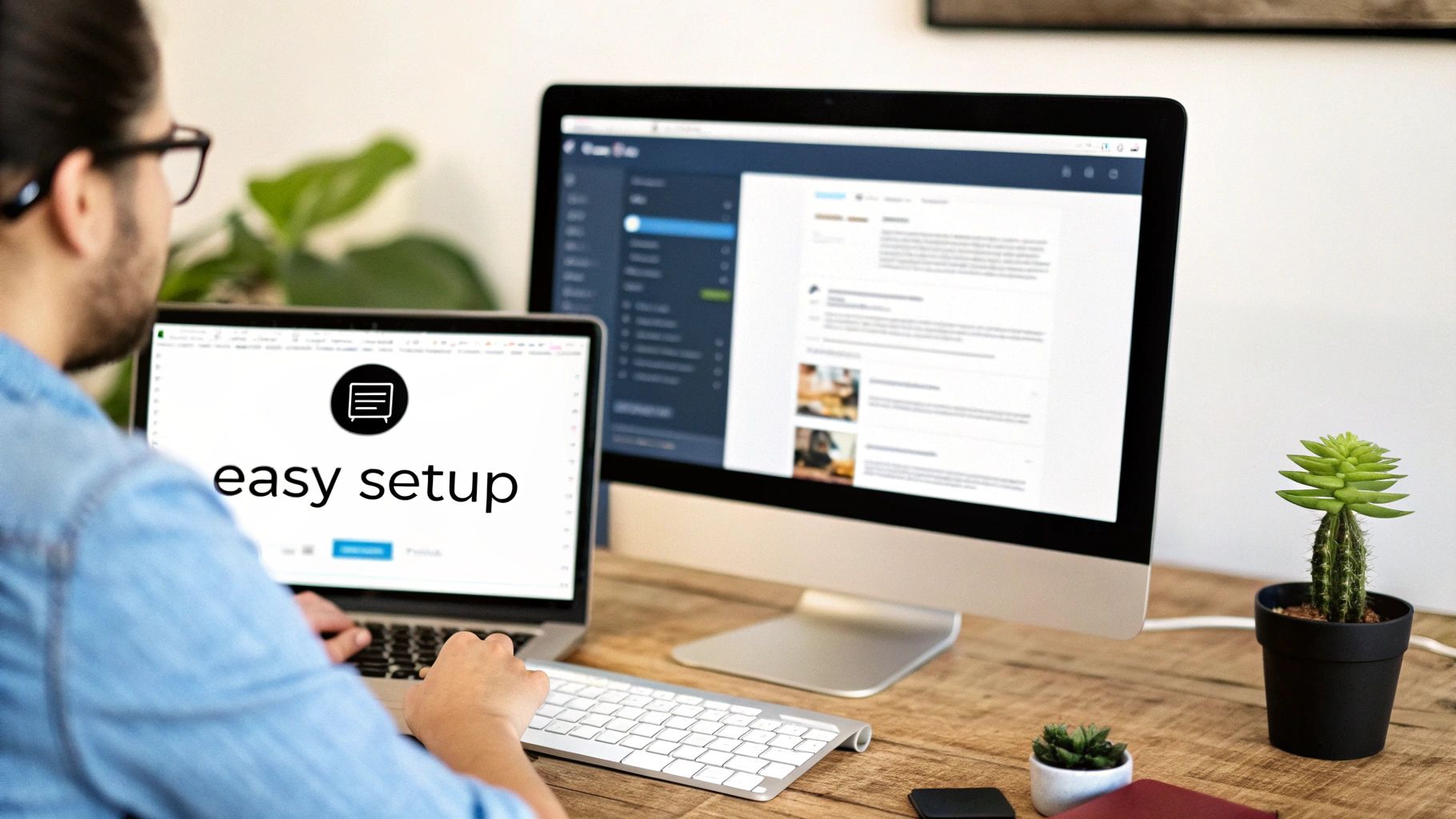 A person works on a laptop displaying 'easy setup' and a desktop monitor showing a chat interface.