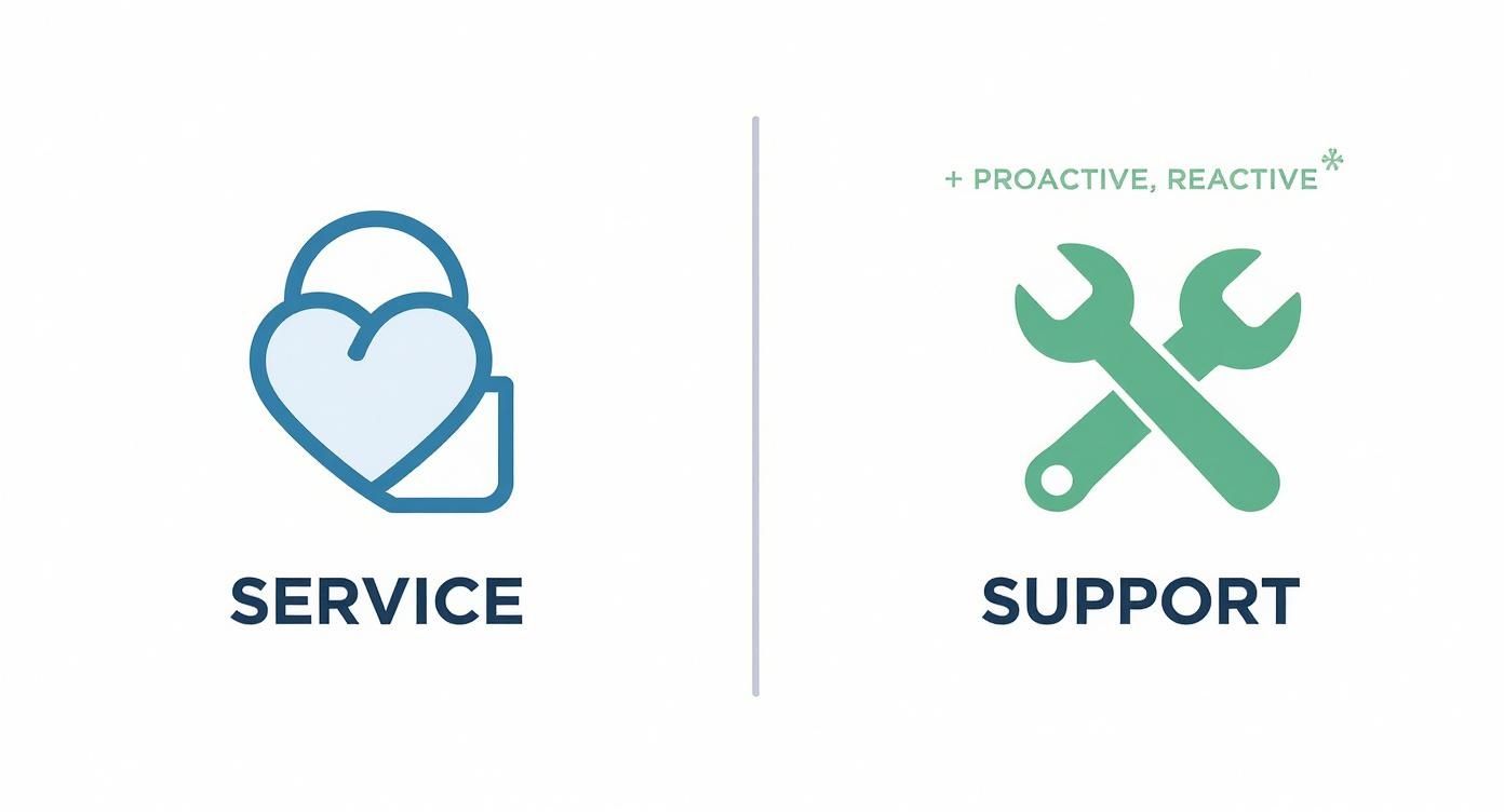 Visual comparing service with a heart icon and support with crossed wrenches and text 'PROACTIVE, REACTIVE'.
