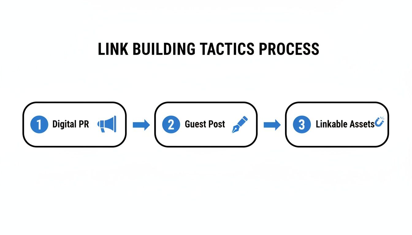 Flowchart illustrating the link building tactics process: Digital PR, Guest Post, and Linkable Assets.