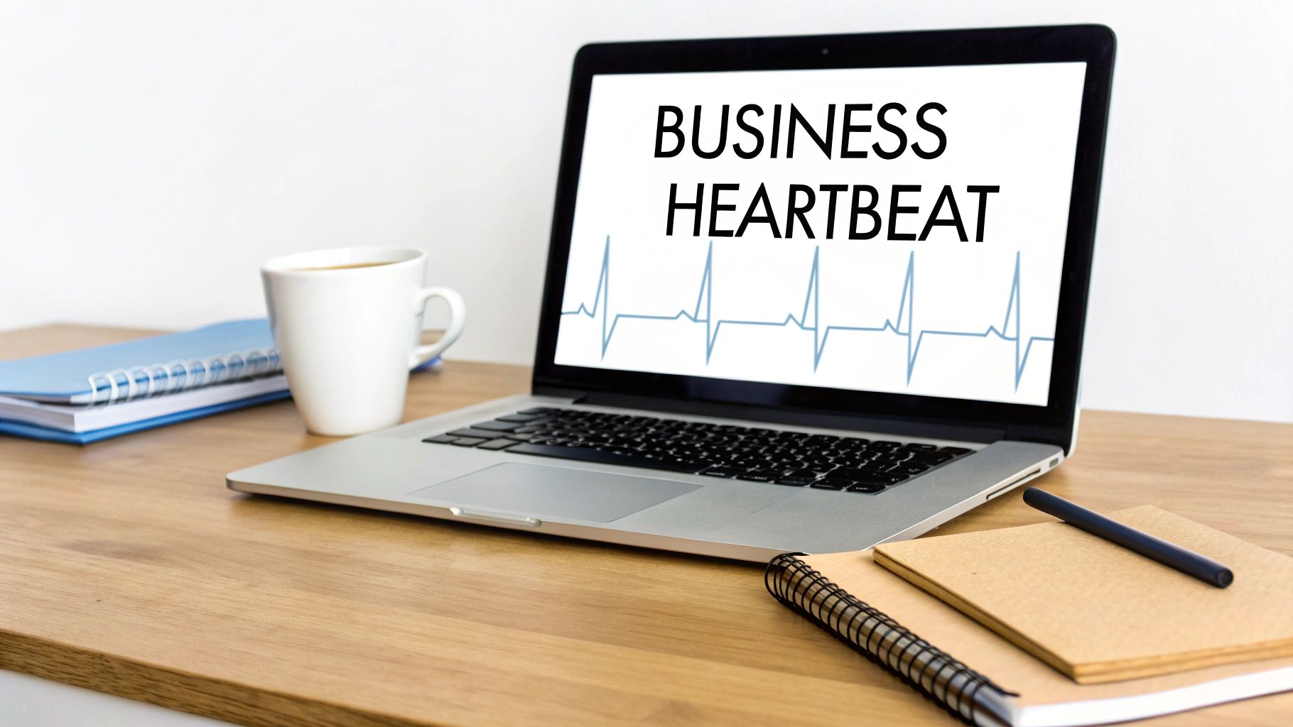 A laptop displaying 'BUSINESS HEARTBEAT' and an ECG graph, with a coffee mug and notebooks on a wooden desk.
