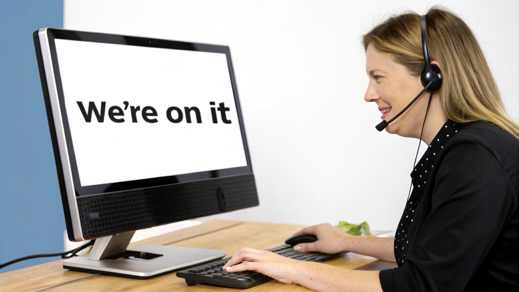 A smiling customer service representative with a headset types on a computer displaying 'We're on it'.