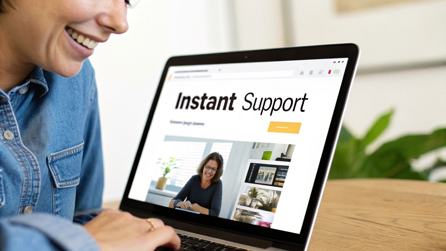 A smiling person uses a laptop displaying 'Instant Support' with a woman's video call.