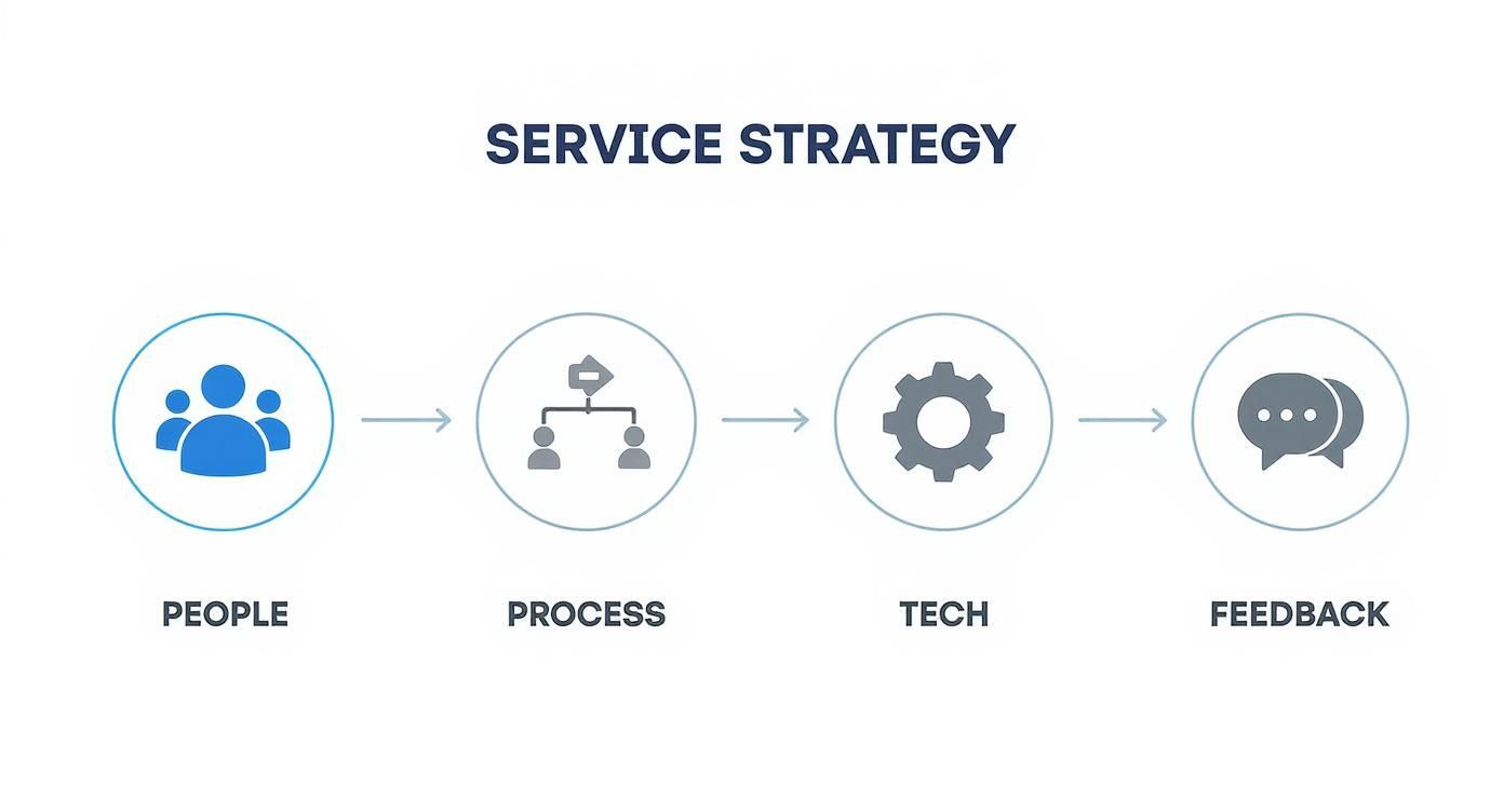 A diagram illustrating a service strategy with four key components: People, Process, Tech, and Feedback.