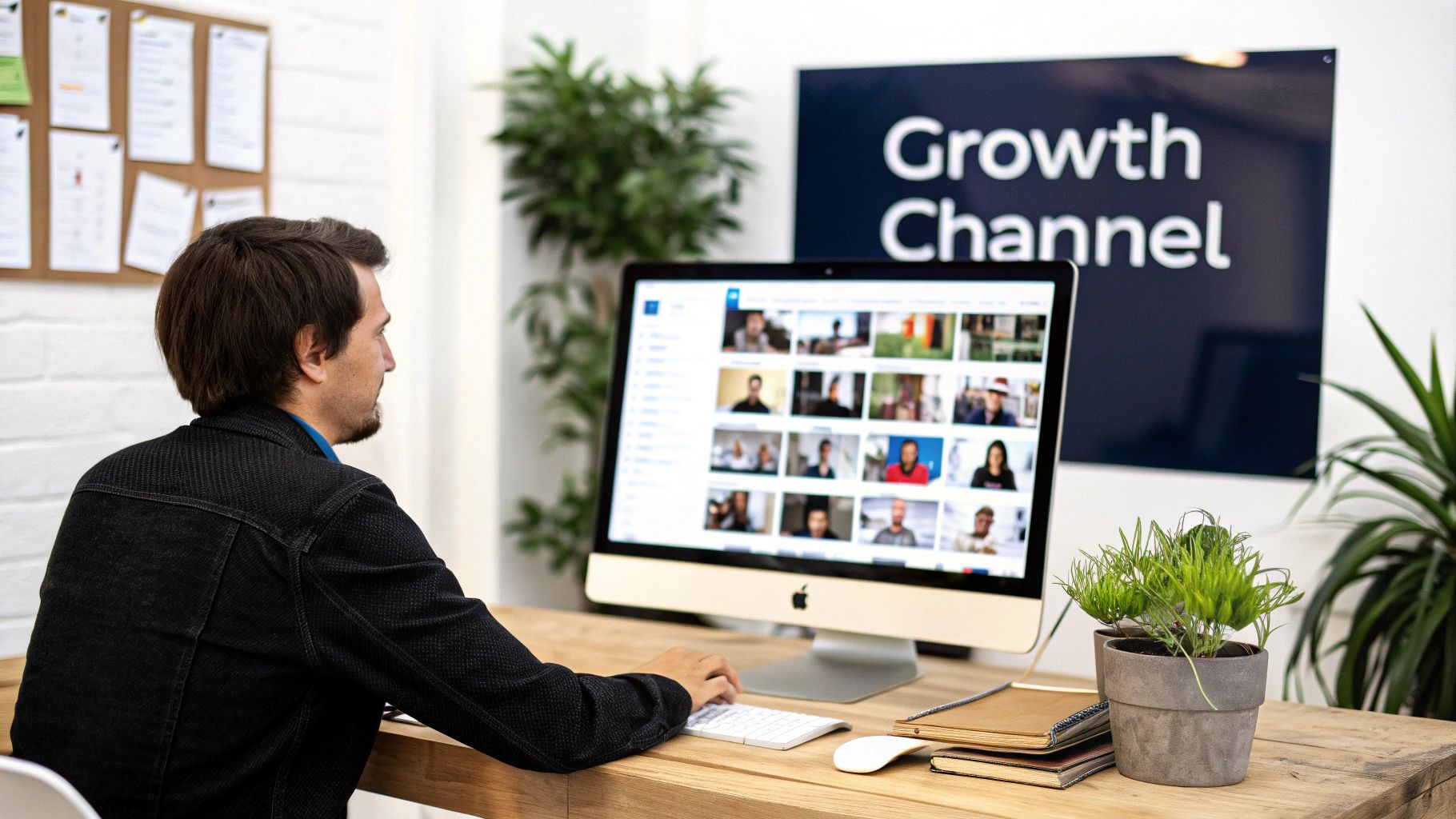 Man from behind sitting at a wooden desk, using an iMac, with plants and a 