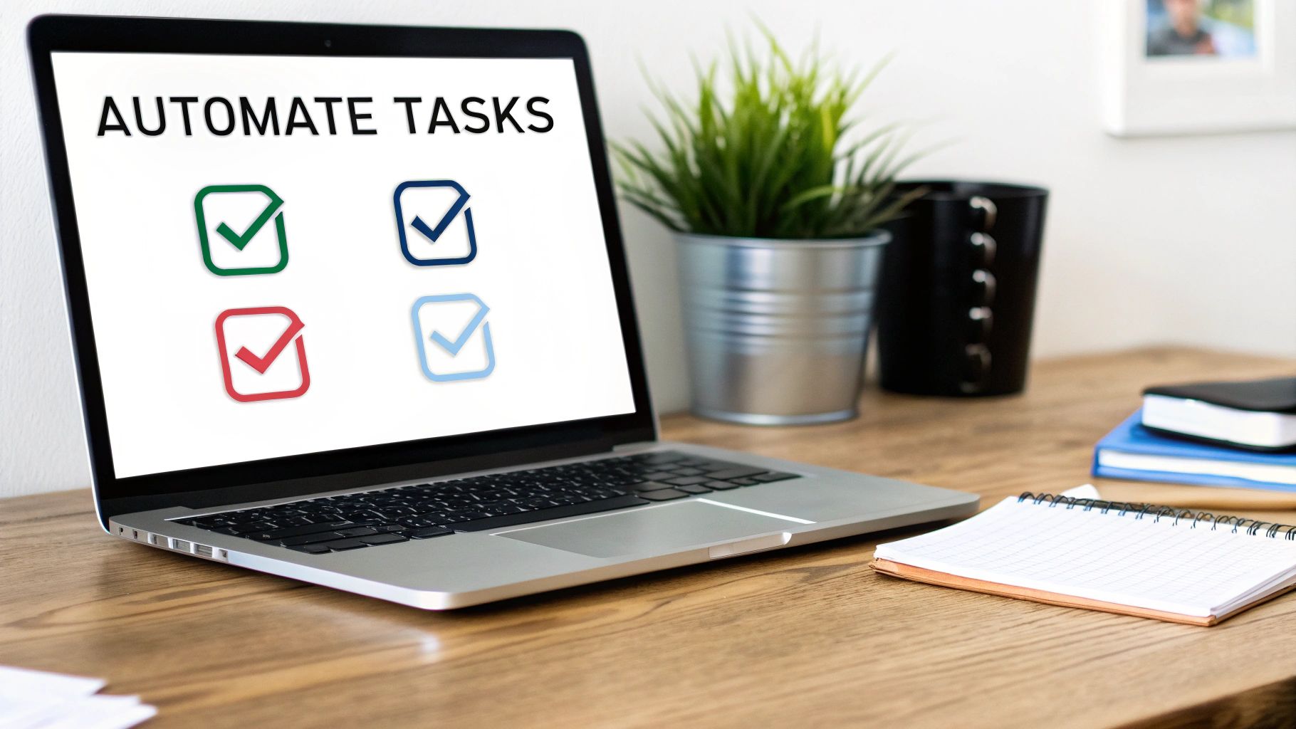 A laptop on a wooden desk displays 'AUTOMATE TASKS' with colorful checkmark icons.