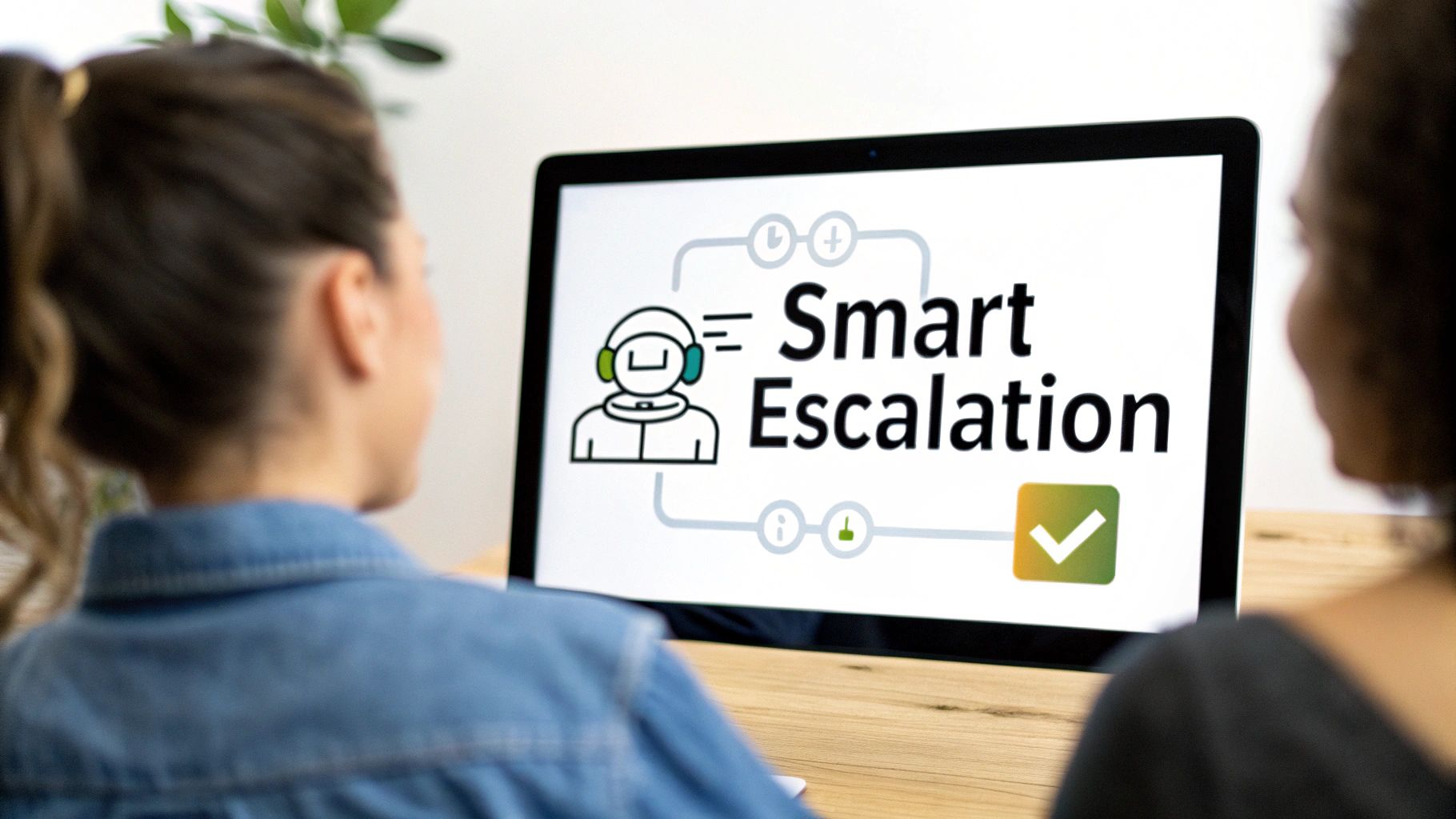 Two people view a laptop displaying 