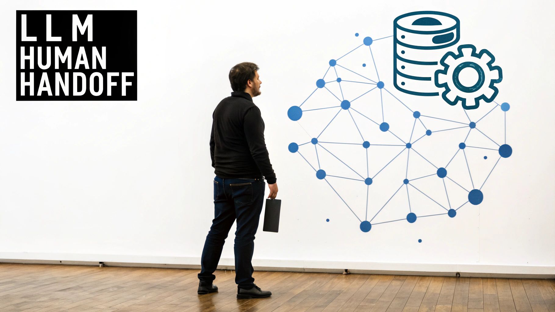 Man looking at LLM human handoff diagram with database and gear icons.