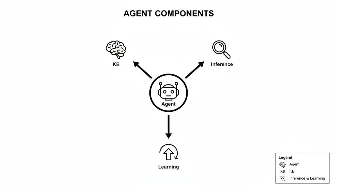 Diagram illustrating agent components: Agent connected to Knowledge Base (KB), Inference, and Learning processes.