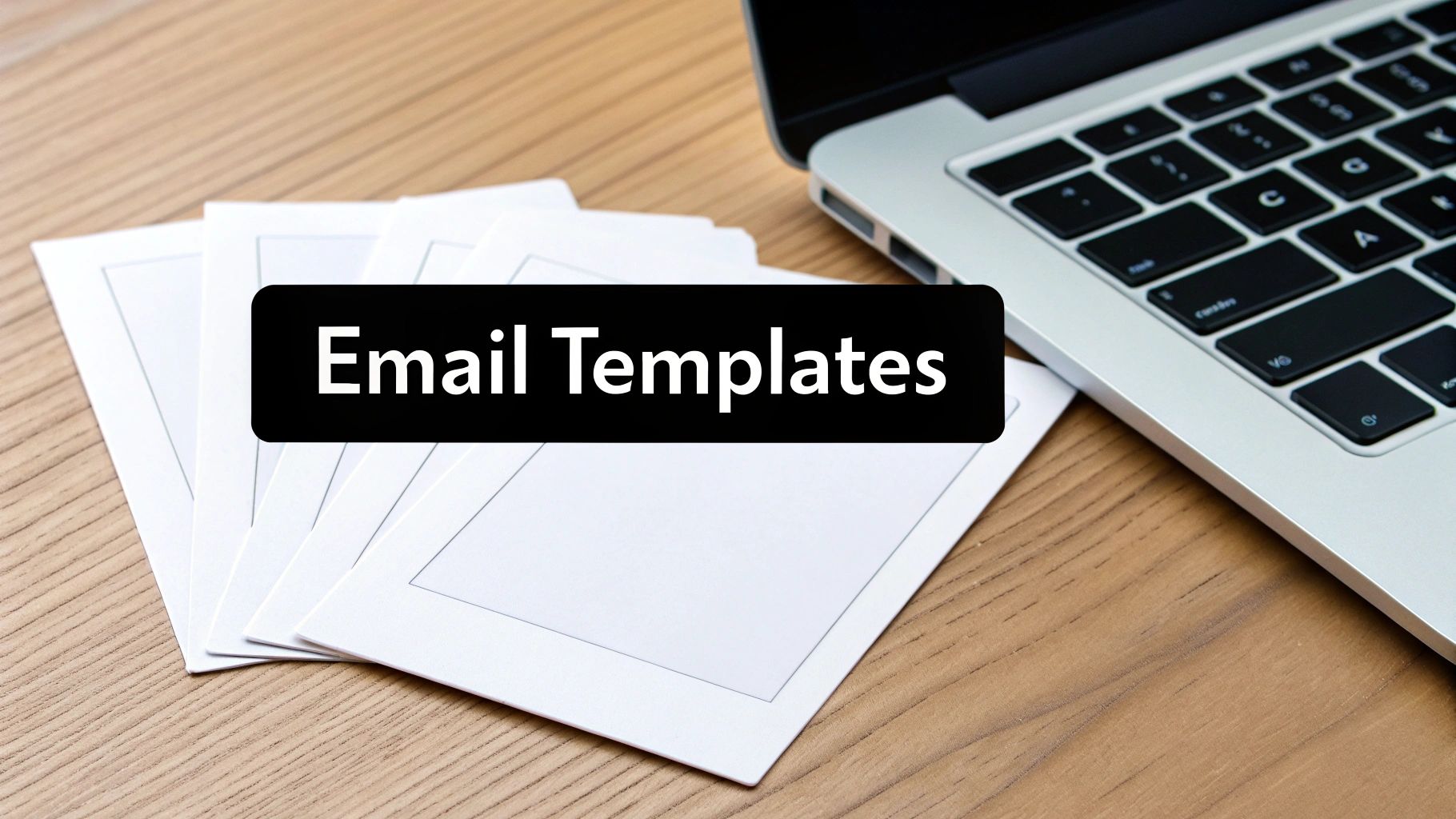 A black banner with 'Email Templates' text, partially covering papers and a laptop on a wooden desk.
