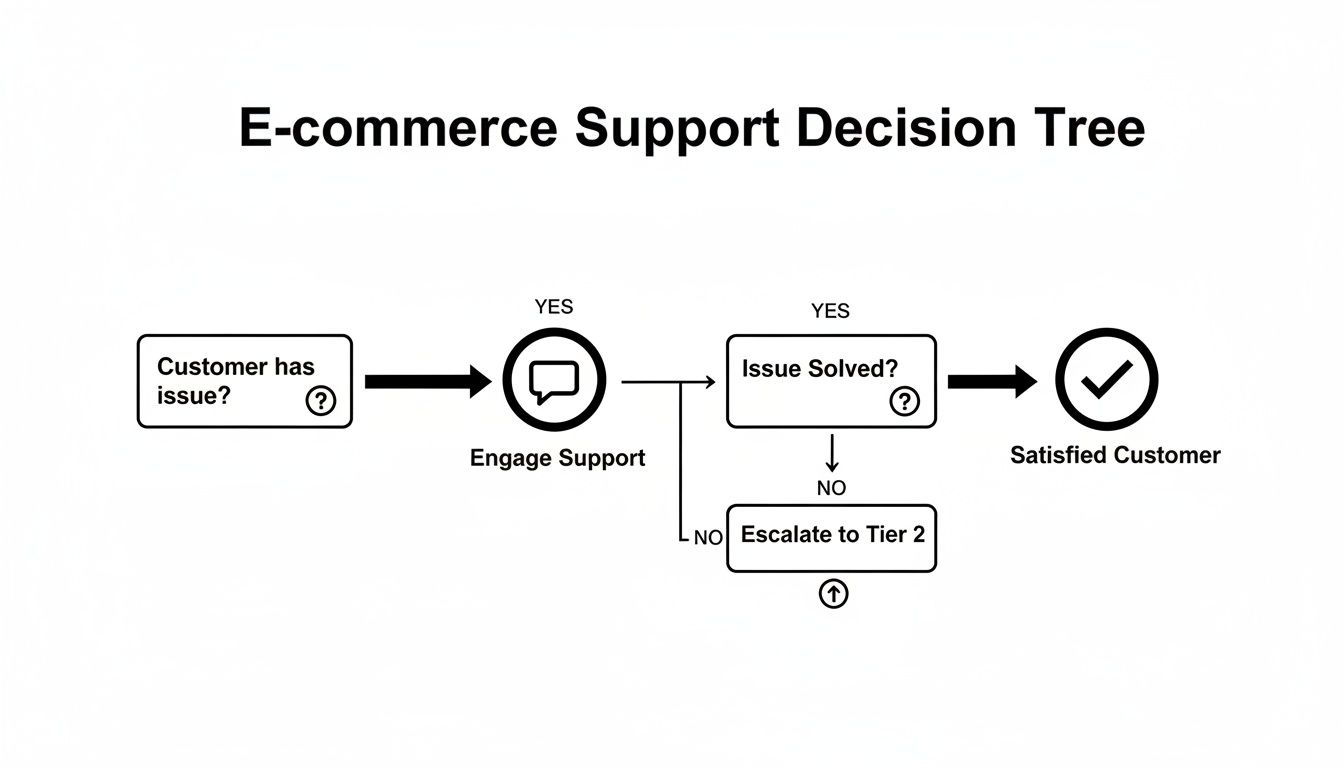 A flowchart illustrating an e-commerce support decision tree, showing steps from customer issue to resolution or escalation.