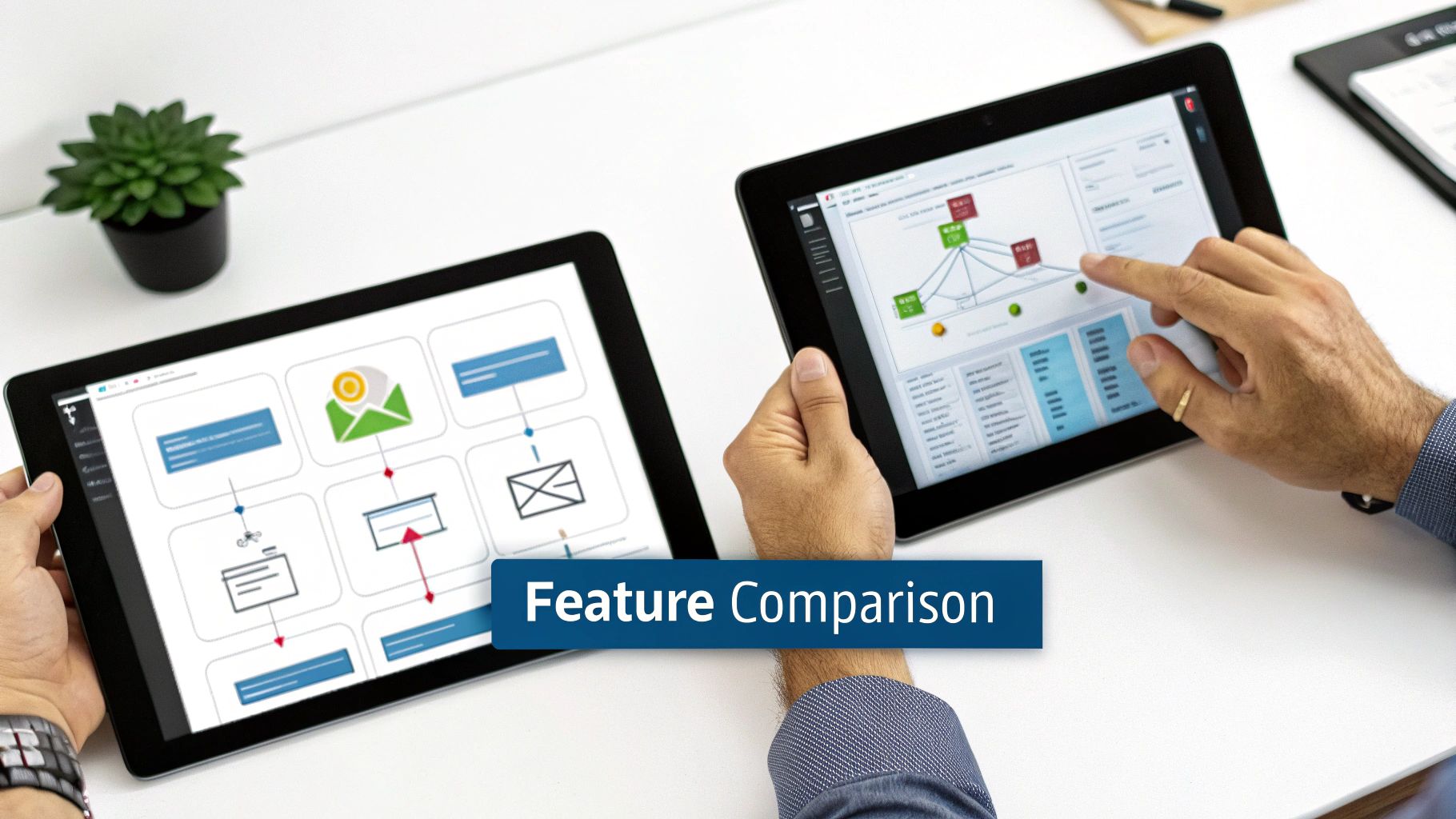 Two people compare marketing automation features on tablets, displaying workflow diagrams and data visualizations.