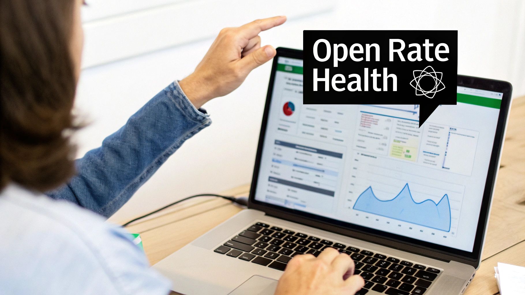 A person analyzes data on a laptop screen, with a 'Open Rate Health' speech bubble overlay showing graphs and charts.