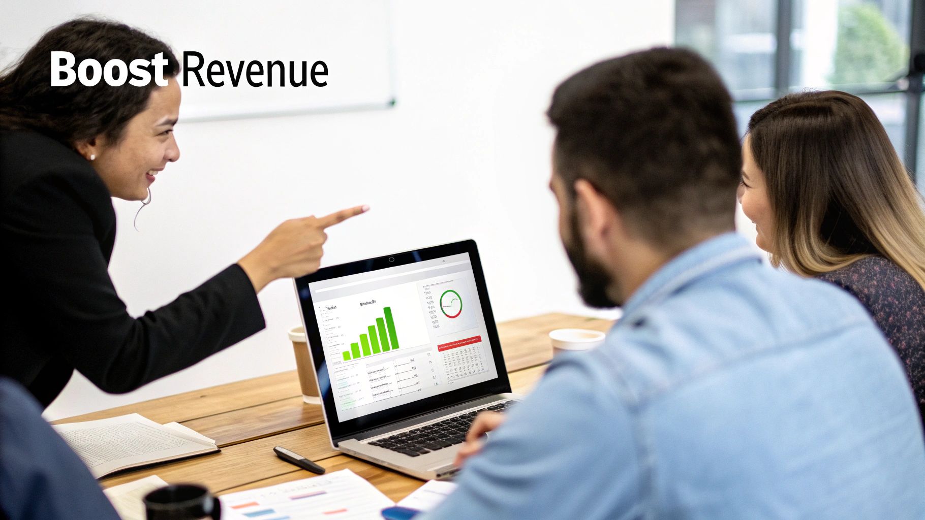 Business professionals discuss revenue growth strategy, pointing at charts on a laptop in a meeting.