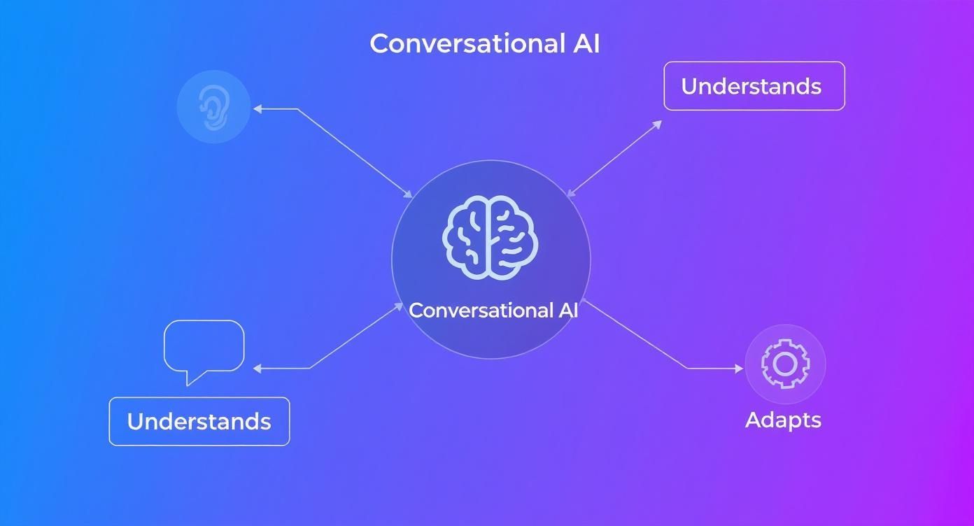 Conversational AI diagram showing brain icon connected to understands and adapts capabilities with user interaction