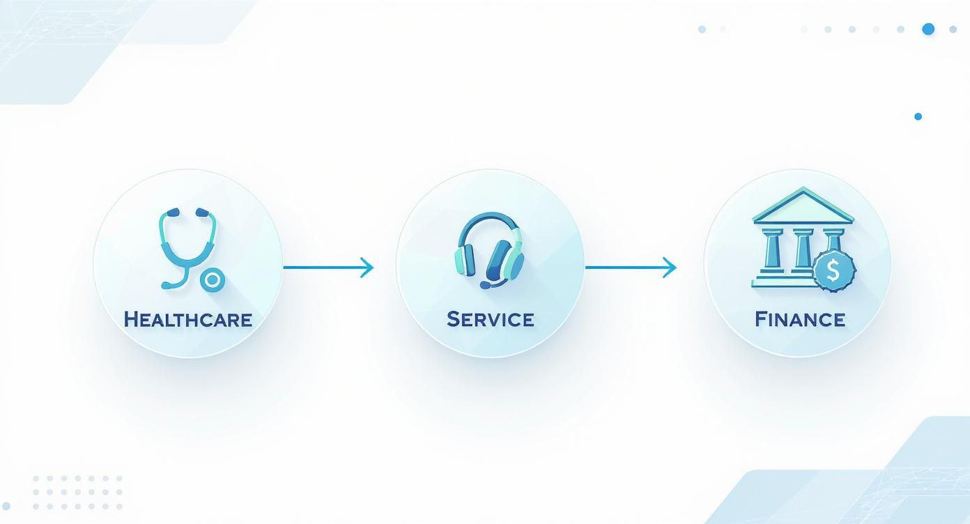 Three connected circular icons showing healthcare service and finance industry progression workflow diagram