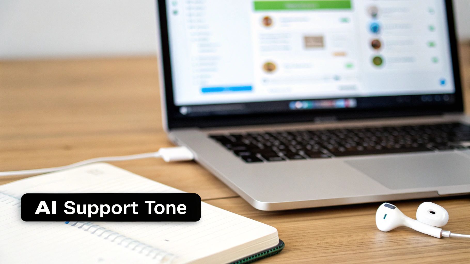 A laptop displaying a chat interface, a notebook, and earbuds on a wooden desk with 'AI Support Tone' text.