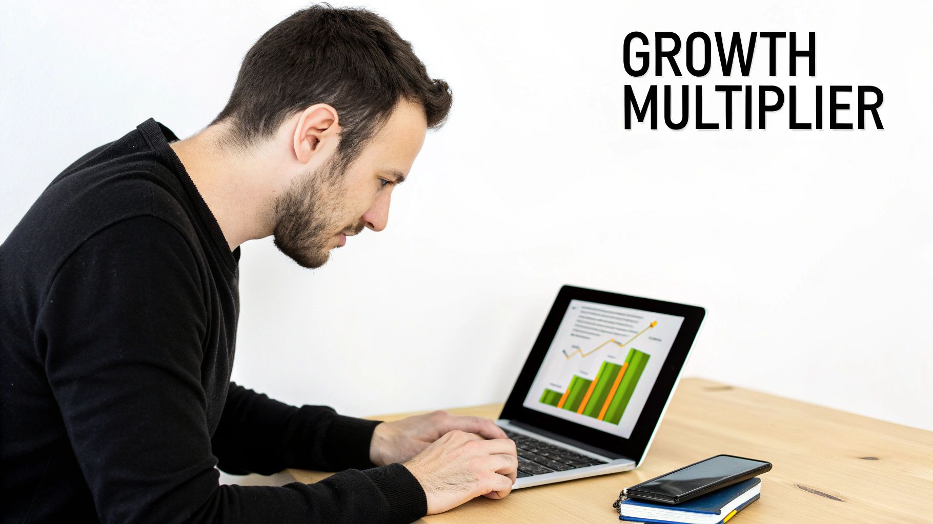 A man looking intently at a laptop screen displaying a bar graph and line chart, next to a smartphone and notebooks.