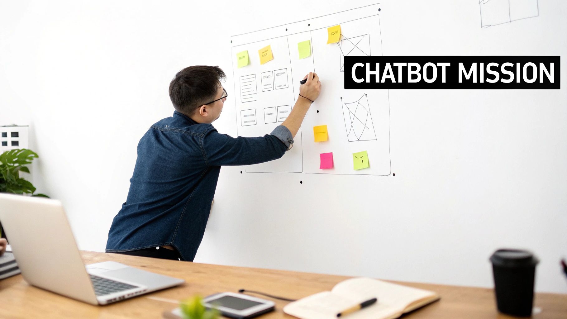 A designer plans a chatbot mission on a whiteboard with sticky notes and wireframe sketches.