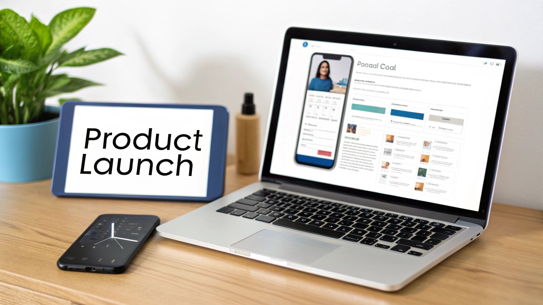 A modern desk setup featuring a laptop, a tablet displaying 'Product Launch', a smartphone, and a green plant.