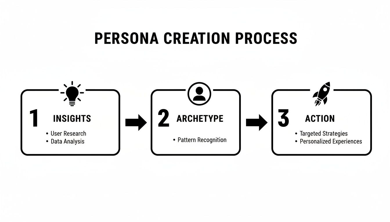 A clear diagram outlining the 3-step persona creation process: insights, archetype, and action.
