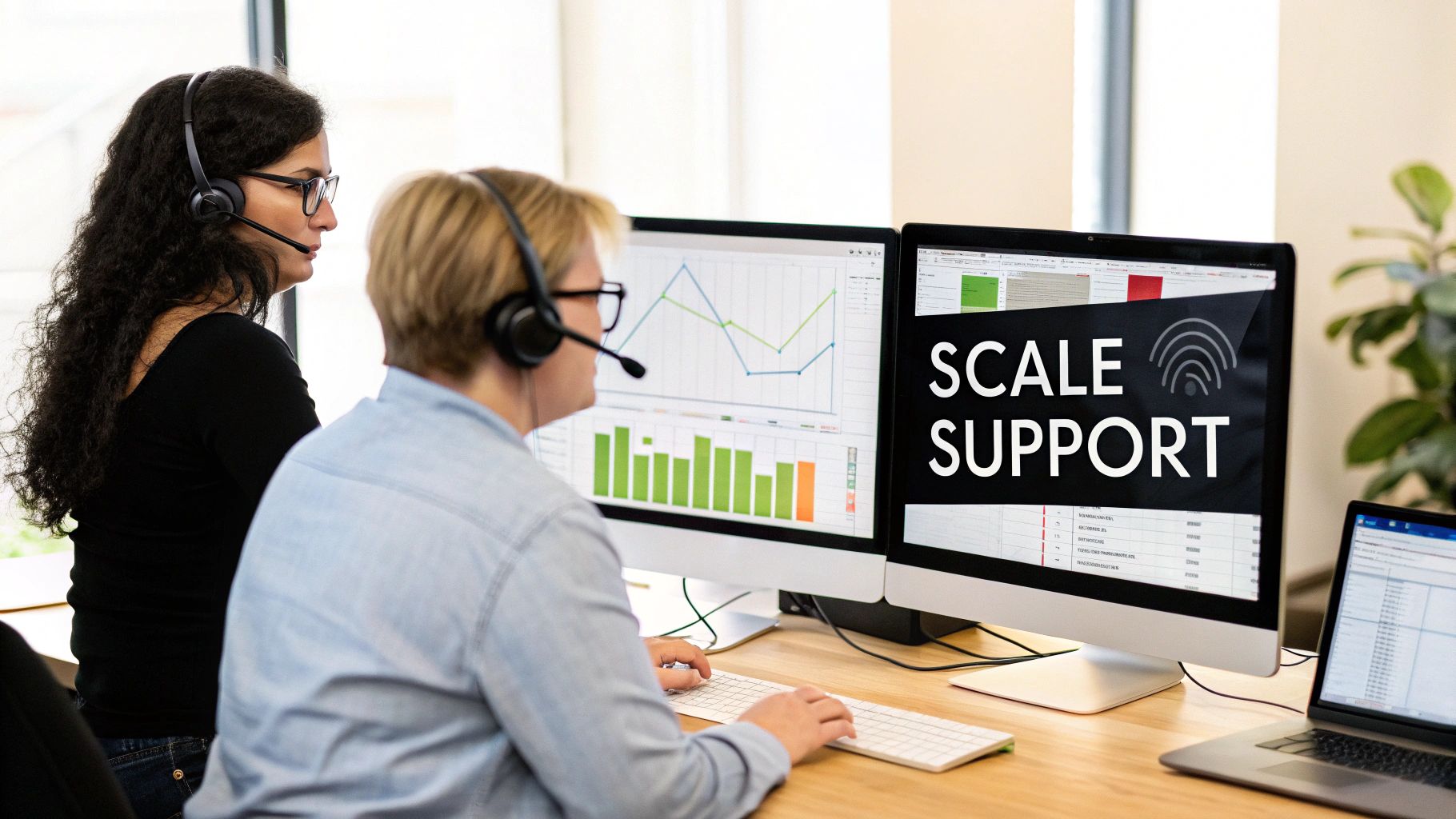 Two customer service agents with headsets work at computers displaying 'SCALE SUPPORT' and data.