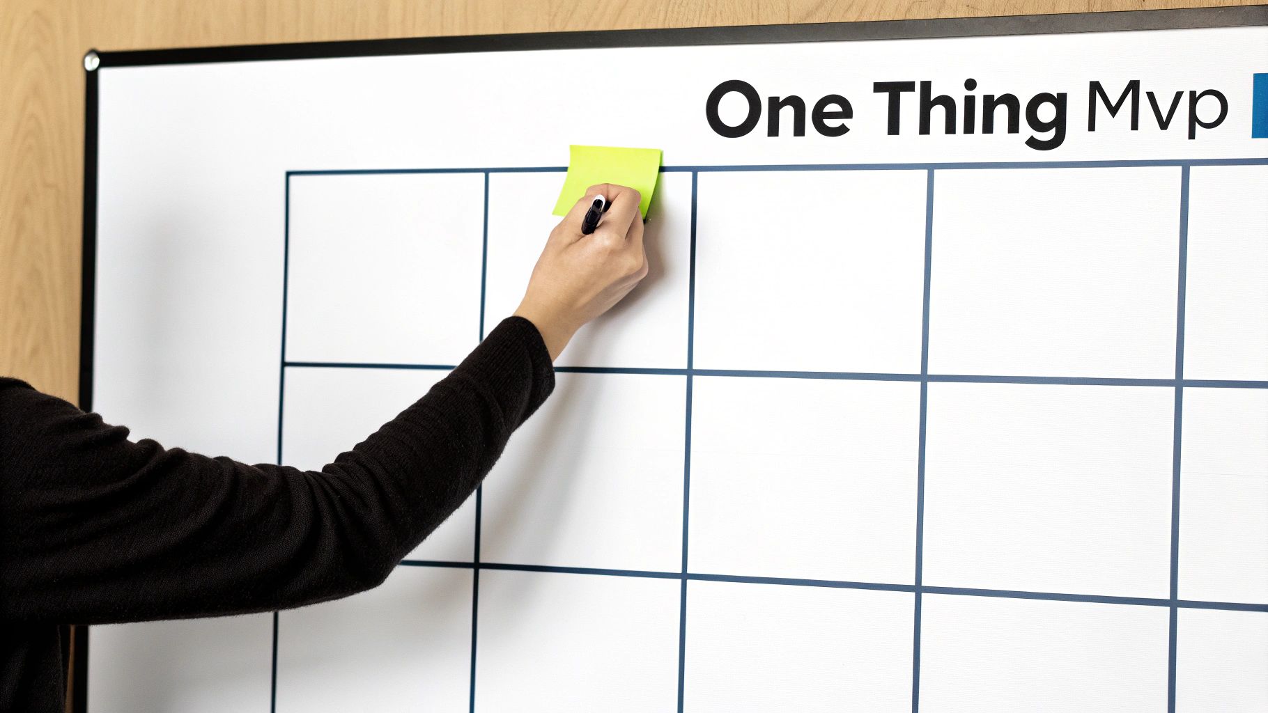A person's hand writes on a yellow sticky note on a whiteboard with a grid and 'One Thing MVP' written on it.