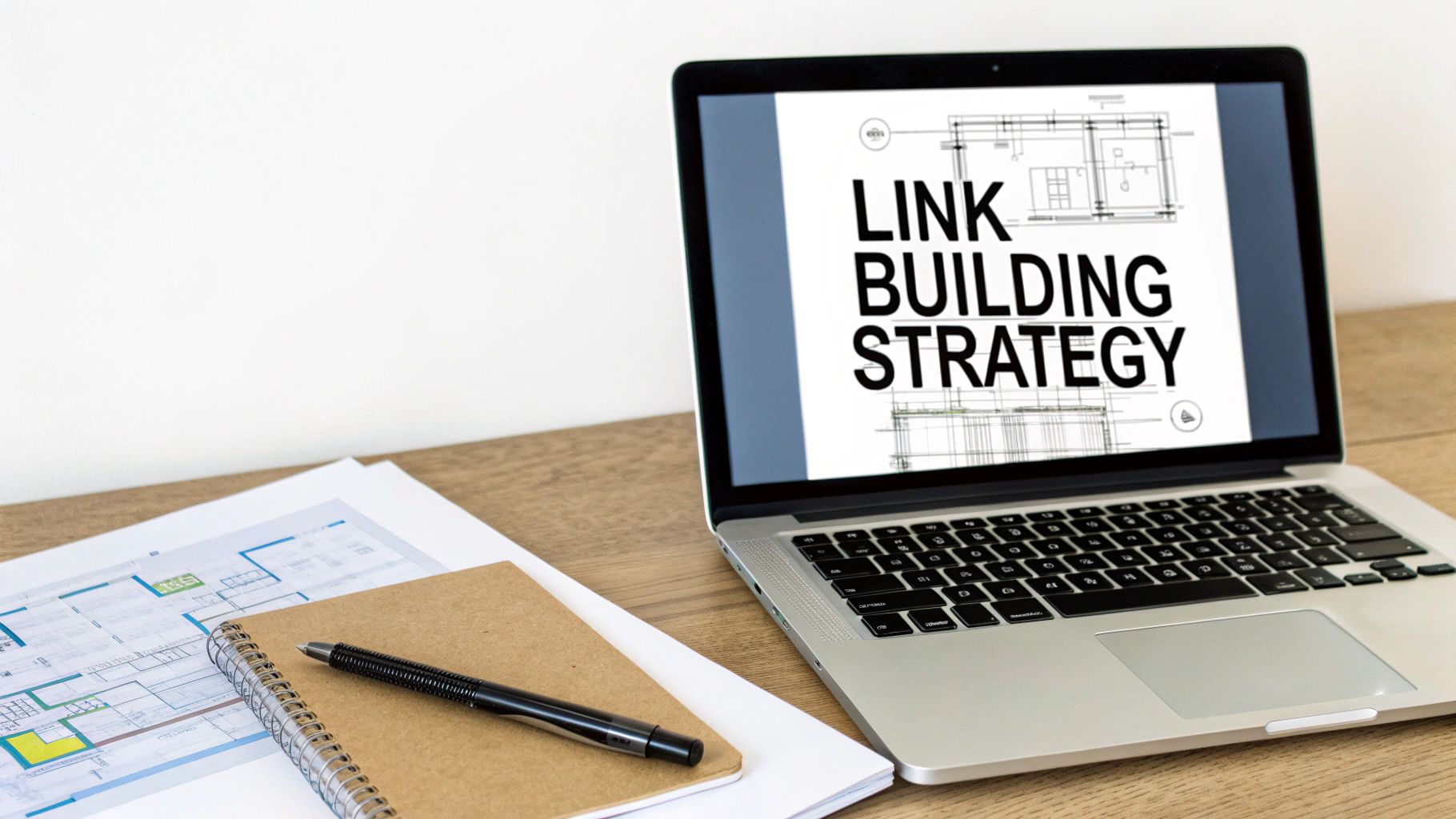 A laptop on a wooden desk displays 'LINK BUILDING STRATEGY' text, with a notebook and documents.