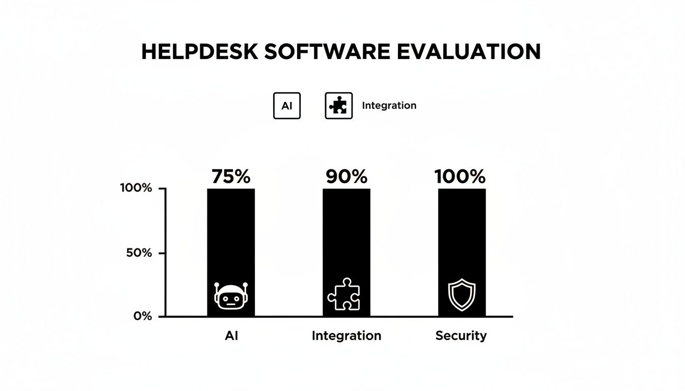 Bar chart evaluating helpdesk software: AI at 75%, Integration at 90%, and Security at 100%.
