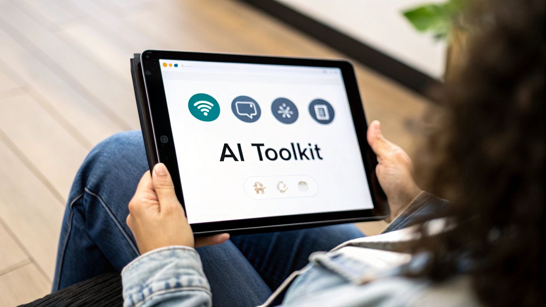 Person holding a tablet displaying 'AI Toolkit' with various application icons on screen.