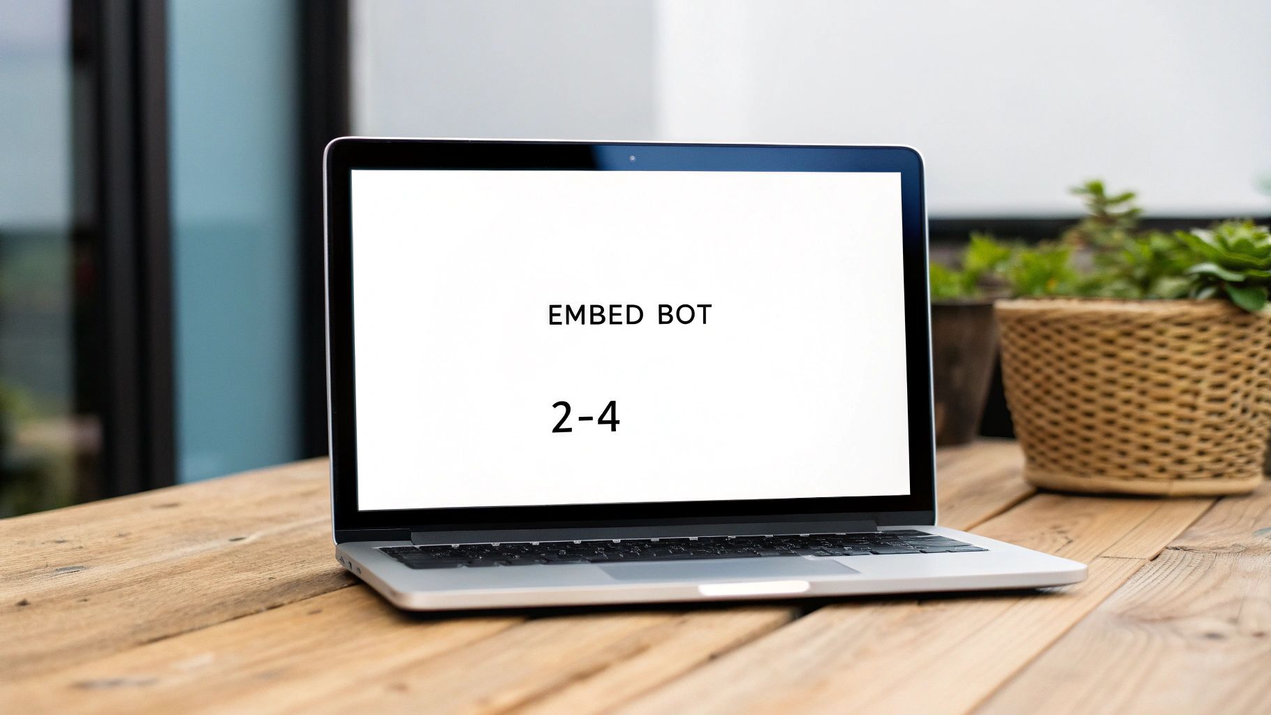 A silver laptop displaying 'EMBED BOT 2-4' on a white screen, placed on a wooden table.