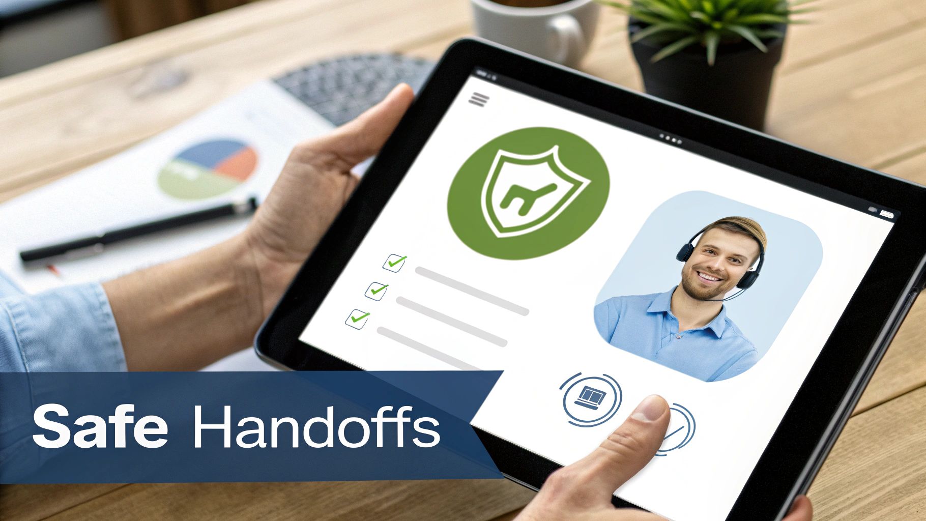 A tablet displaying a security shield, checklist, and a support agent, emphasizing safe handoffs.