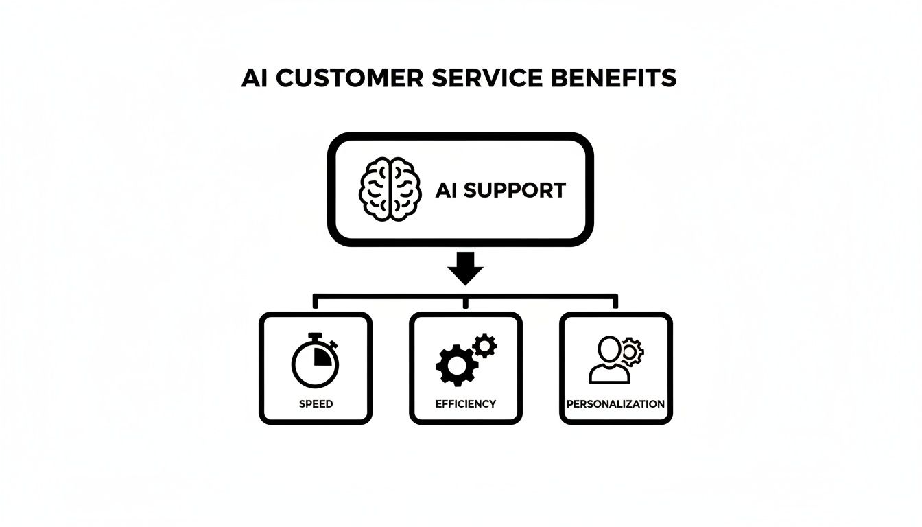 Diagram showing AI Customer Service Benefits: Speed, Efficiency, and Personalization from AI Support.
