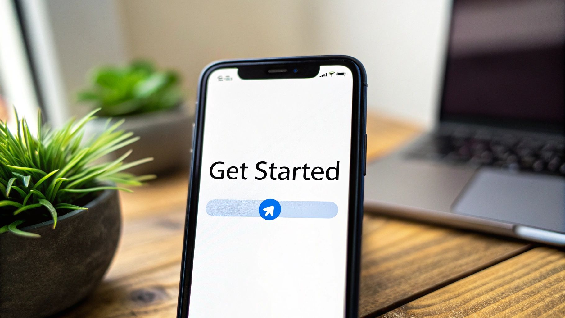 A smartphone screen displays 'Get Started' with a blue button featuring a paper airplane icon.