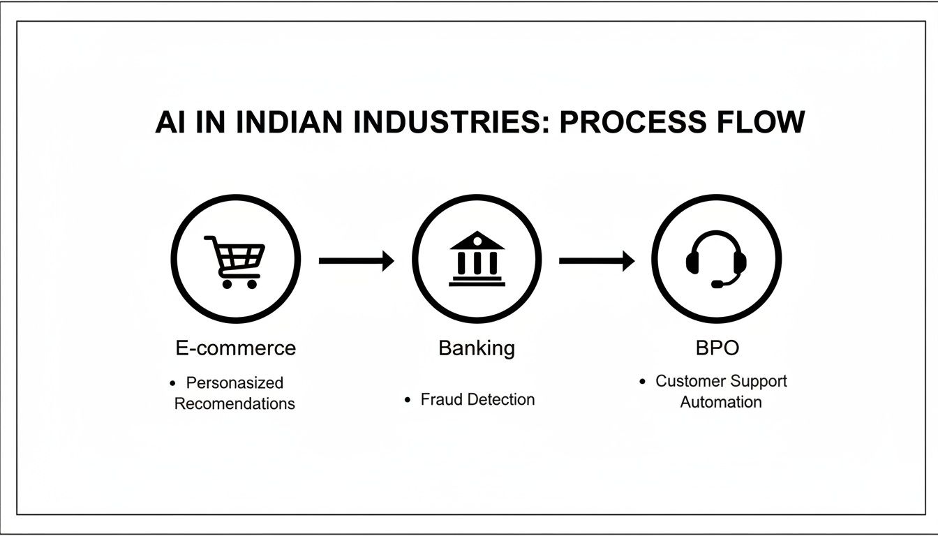 Diagram showing AI applications in Indian industries: e-commerce, banking, and BPO process flow.