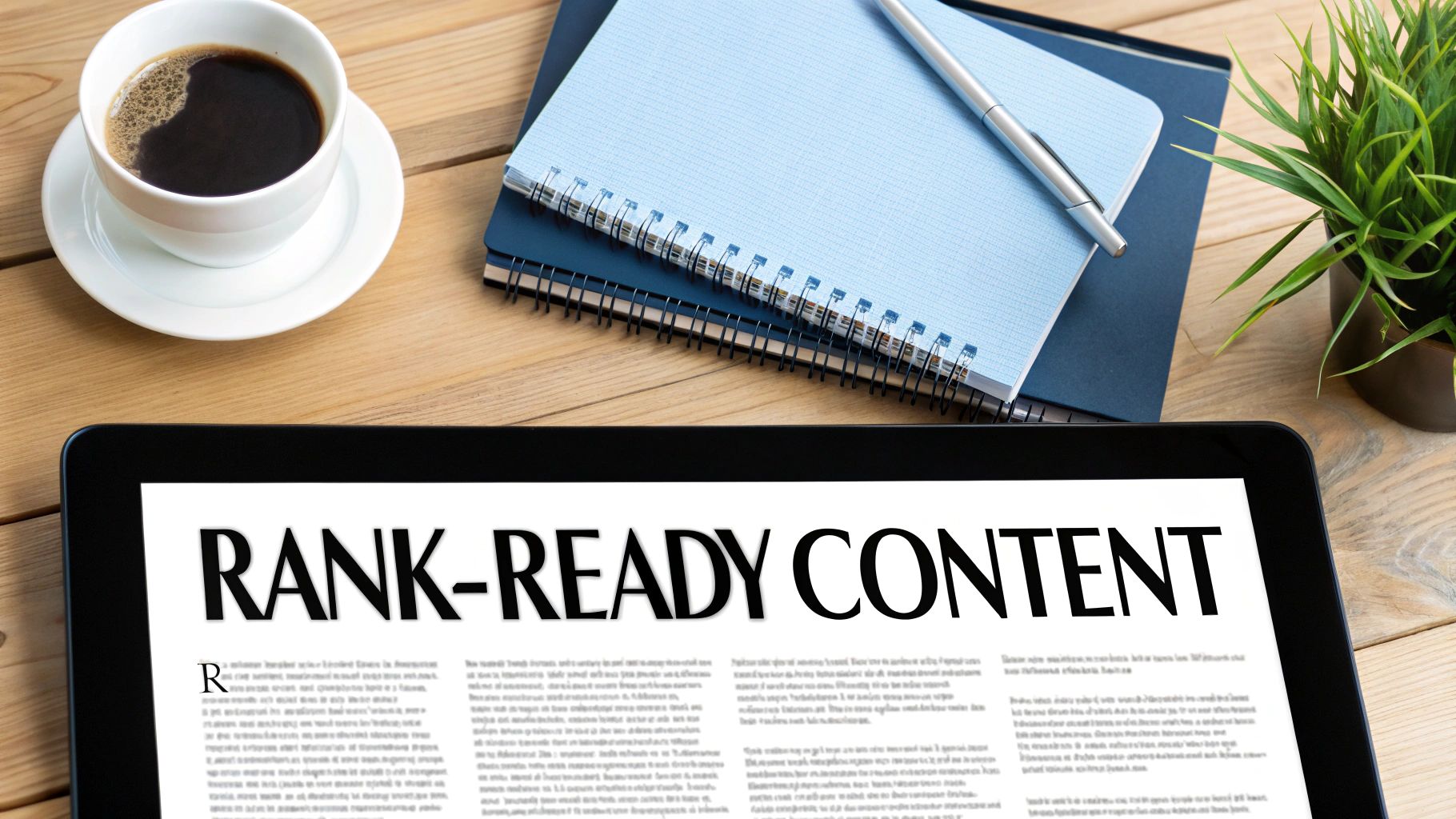 A tablet displaying 'RANK-READY CONTENT' on a wooden desk with coffee, notebooks, and a plant.