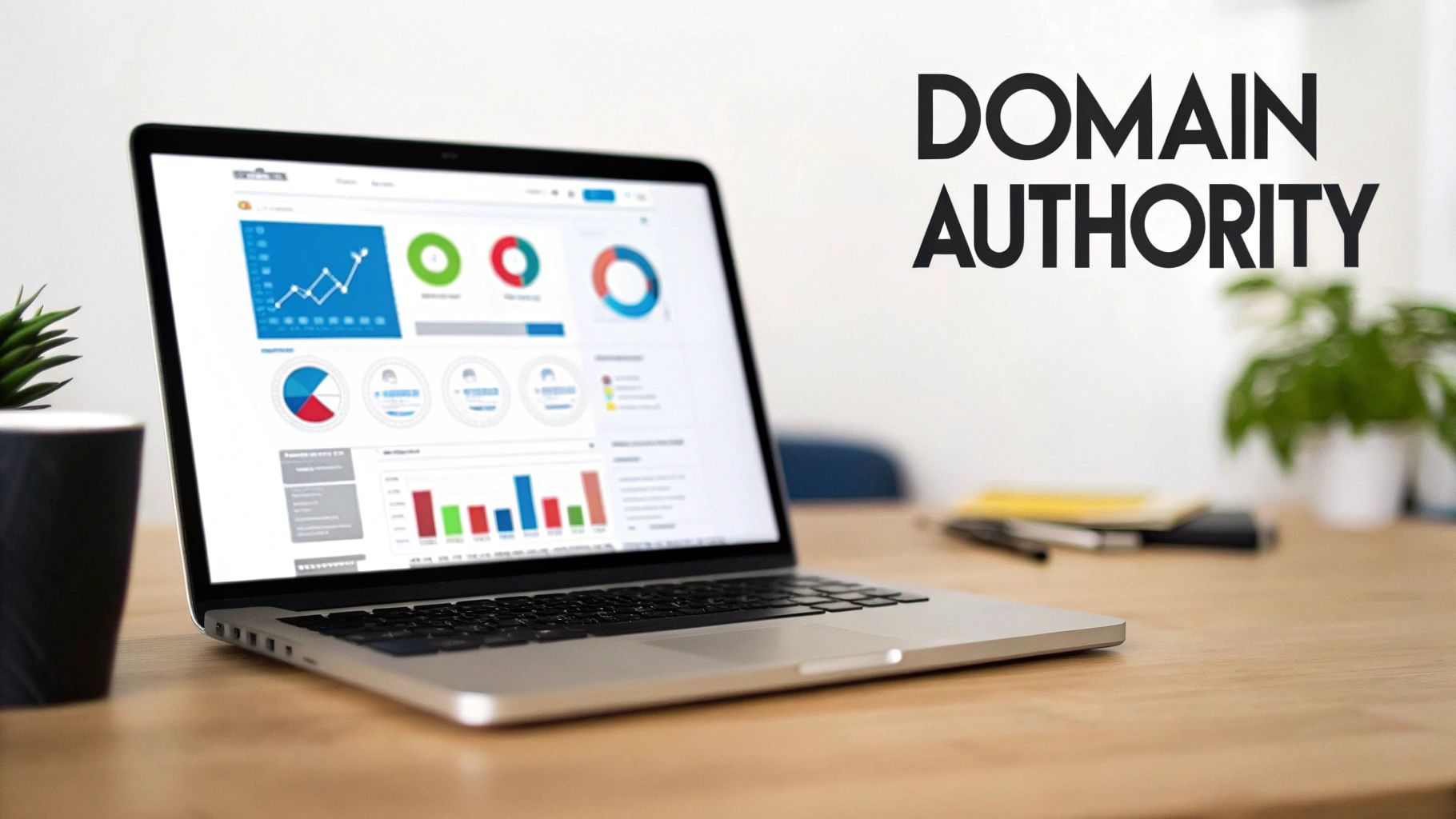 A laptop on a wooden desk displays analytics charts and graphs, with 'DOMAIN AUTHORITY' text.