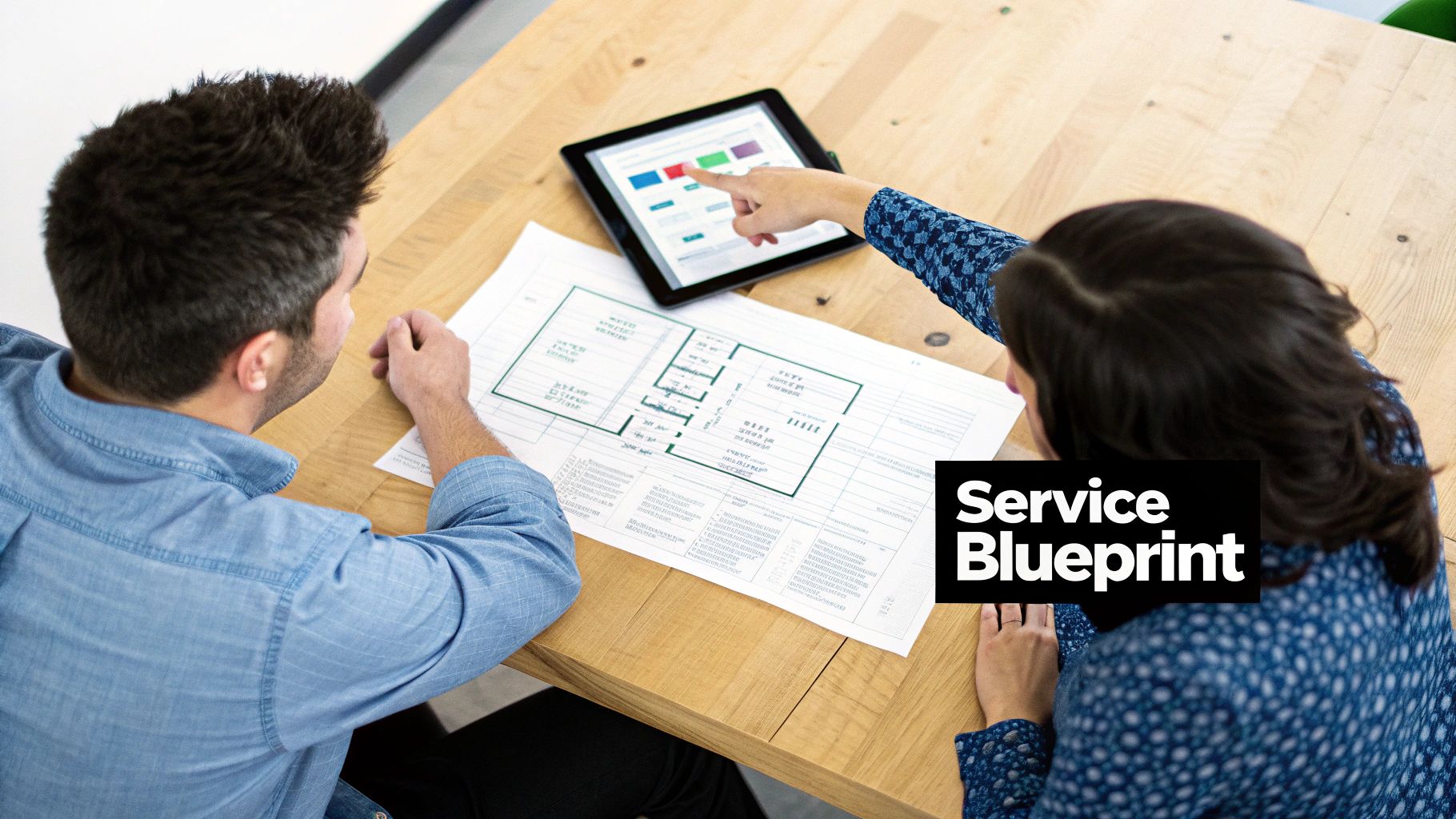 Two people collaborate over a service blueprint on paper and a digital display on a tablet.