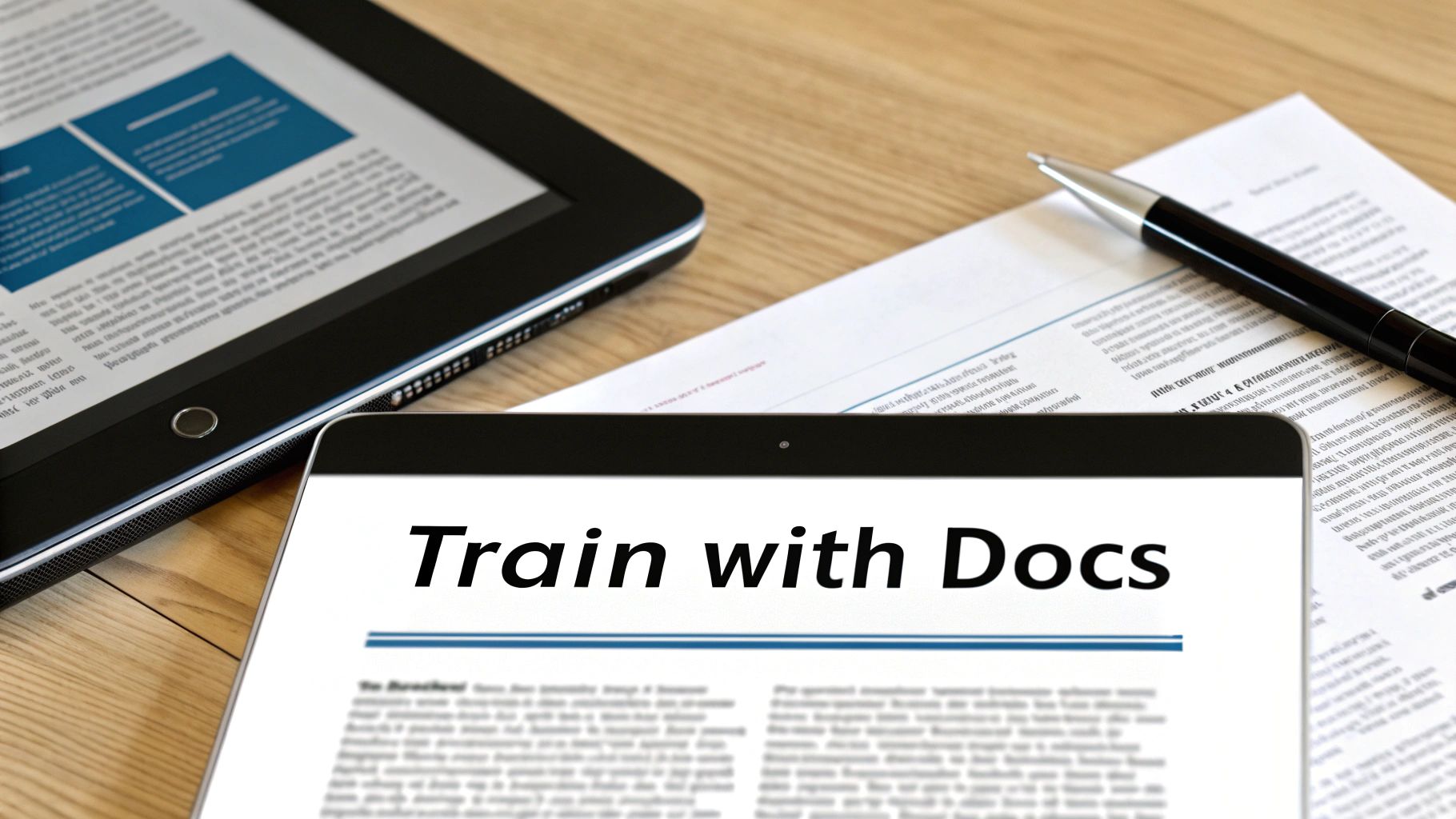 Two tablets, one showing 'Train with Docs', on a desk with a pen and paper, representing digital training.