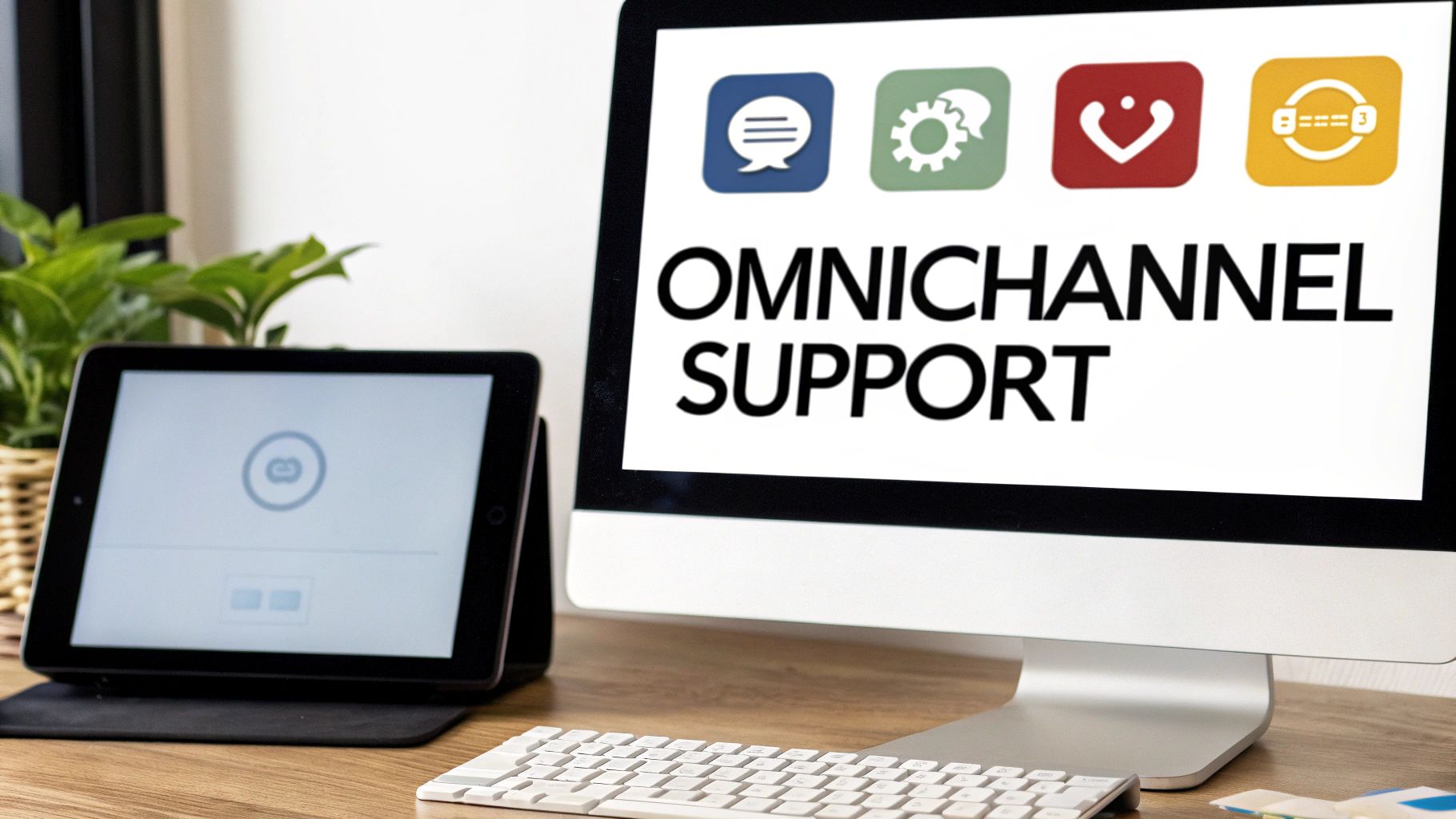 A desktop monitor displays 'OMNICHANNEL SUPPORT' with icons, alongside a tablet and keyboard.