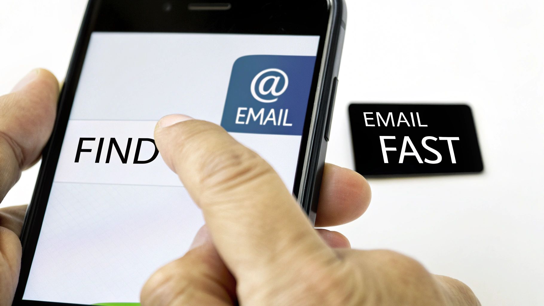 A hand touching a smartphone screen displaying 'FIND' and an email icon. 'EMAIL FAST' sign is visible.