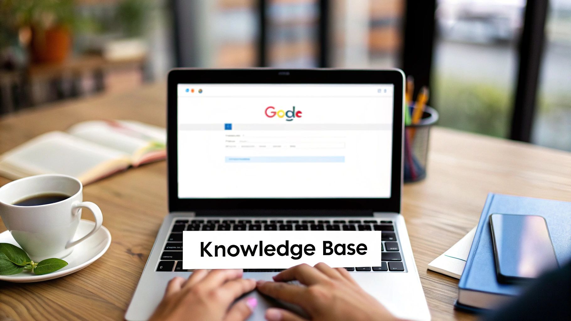 Hands typing on a laptop displaying a 'Knowledge Base' search page, with a coffee cup nearby.