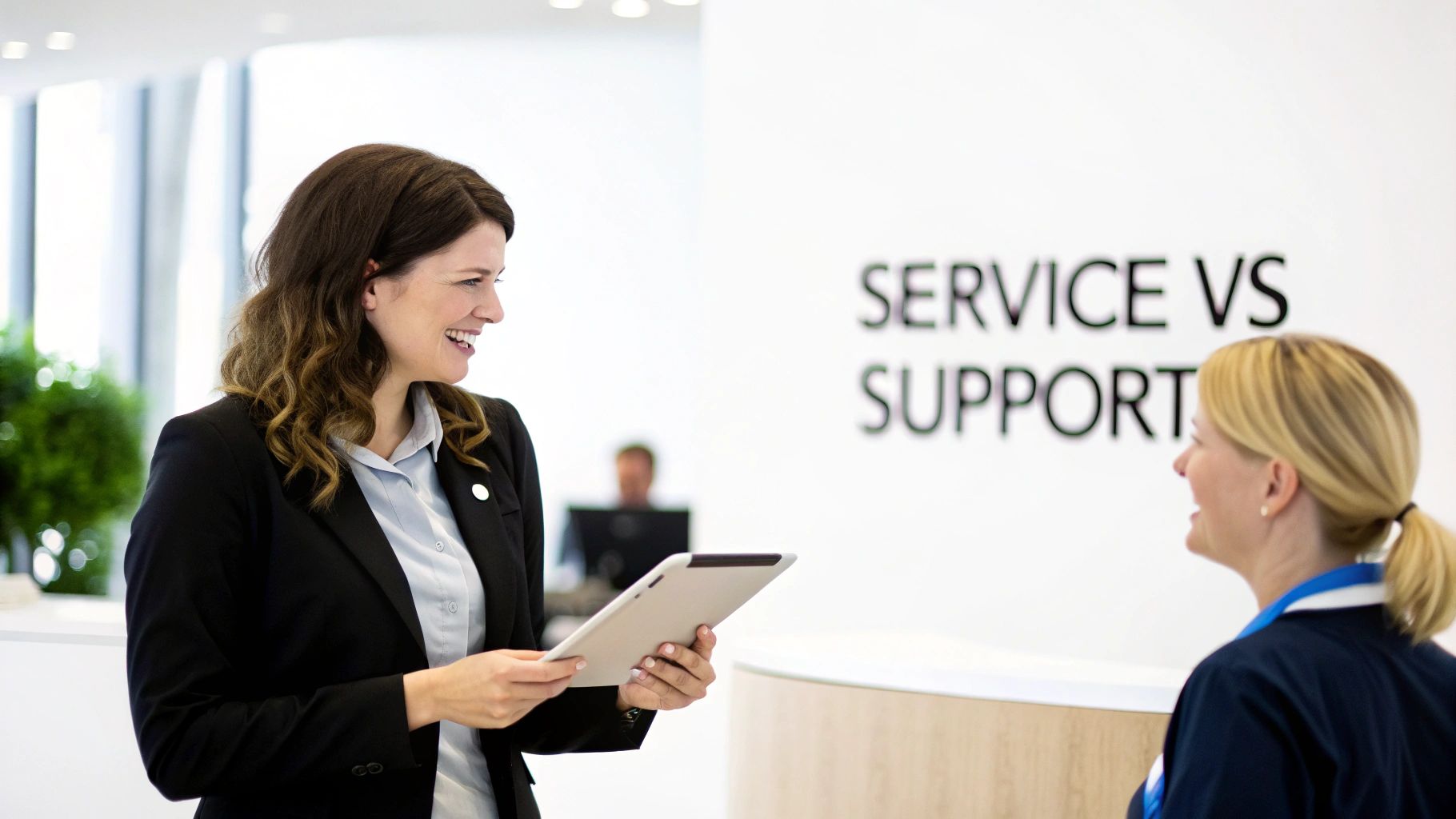 Two professional women smiling and interacting in a modern office, with 'SERVICE VS SUPPORT' visible.