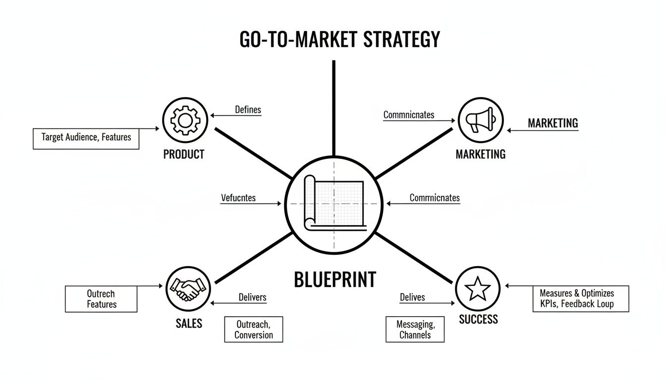 Go-to-market strategy blueprint diagram illustrating the connection between product, marketing, sales, and success.