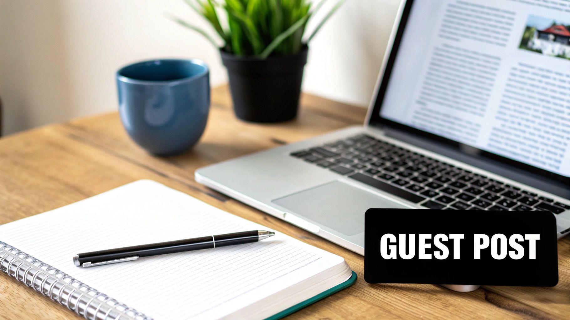 A desk setup featuring a laptop displaying a blog post, a notebook, pen, and a